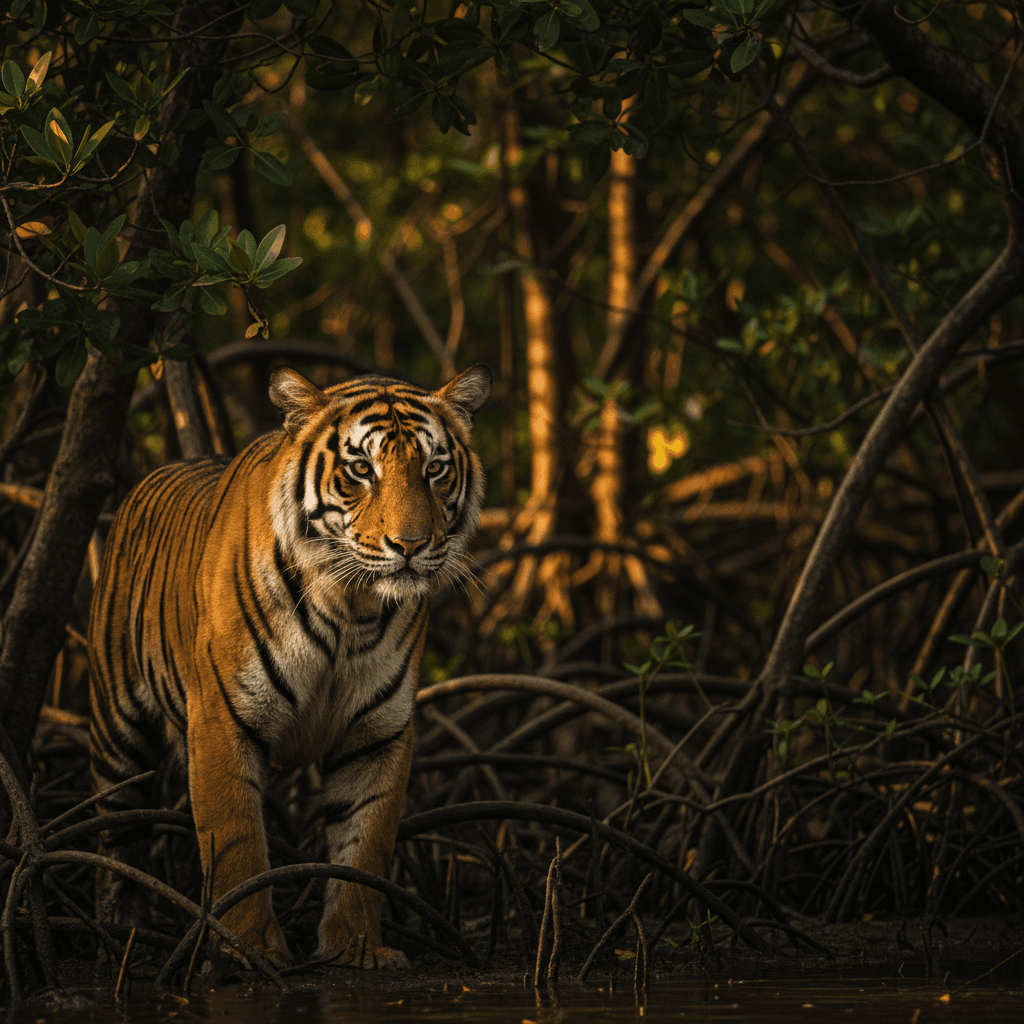 সুন্দরবনের ঘন বনে একটি বাংলা বাঘ দেখা যাচ্ছে